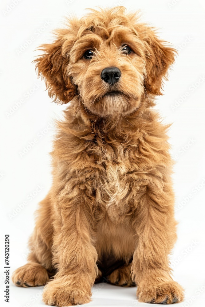 A small brown dog golden doodle is sitting on top of a white floor.