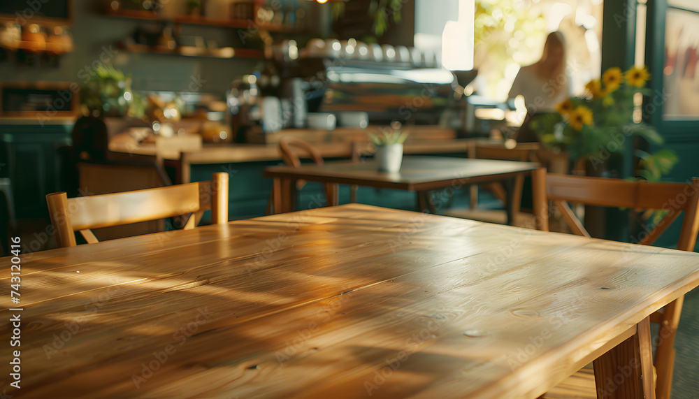 closeup to empty wooden table with chairs and blurred background with cafe area and barista serving organic drinks closeup to empty wooden table with chairs and blurred background with cafe area and barista serving organic drinks