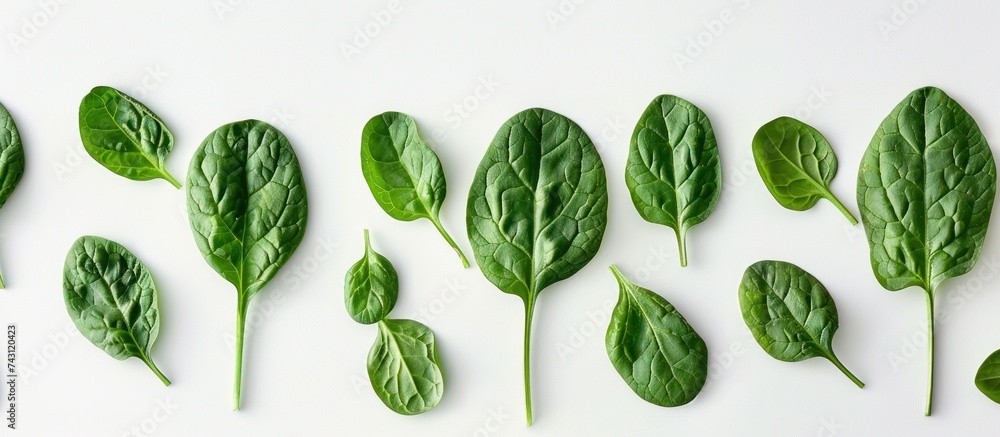 A straight row of spinach leaves neatly aligned on a plain white background. A straight row of spinach leaves neatly aligned on a plain white background.