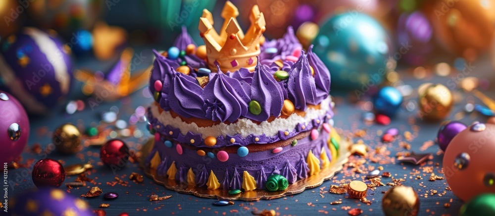 A purple king cake adorned with a crown on top, surrounded by festive Mardi Gras decorations.