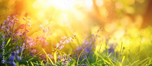 The morning sunshine illuminates a close-up view of vibrant spring foliage, showcasing the bluebell flower blossoms and lush green grass in sharp focus.
