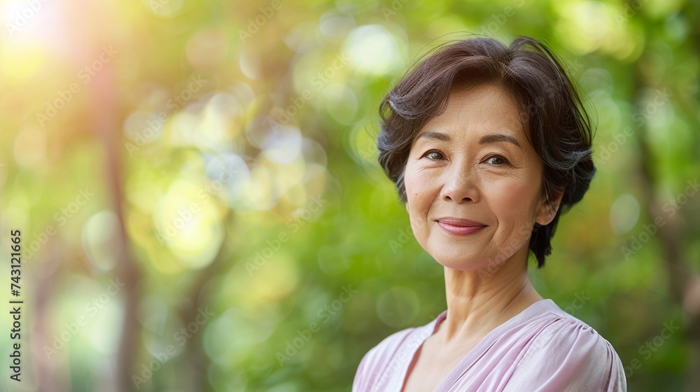 portrait of a mid aged Japanese short haired woman on spring outdoors park background with copy space. portrait of a mid aged Japanese short haired woman on spring outdoors park background with copy space.