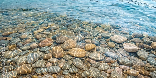 Ripples of the crystal clear shallow water surface, on a stony beach of Lake outdoor summer backgrounds.