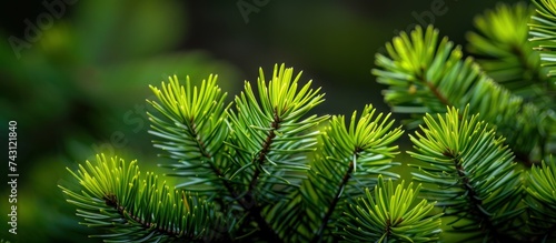 Detailed view of a bright green pine tree branch showcasing the needles and texture.