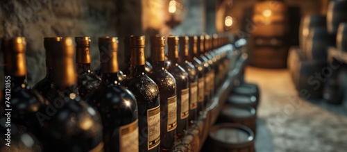 Multiple bottles of wine are neatly lined up on a rack in a basement setting. photo