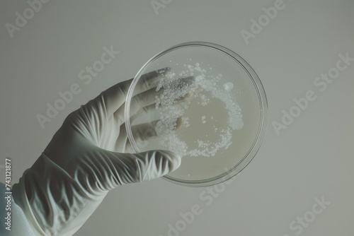 Scientists hand in glove holding petri dishes with bacterial colonies culture