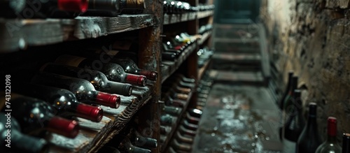 A wine cellar packed with numerous bottles of wine neatly stored in bottle racks.