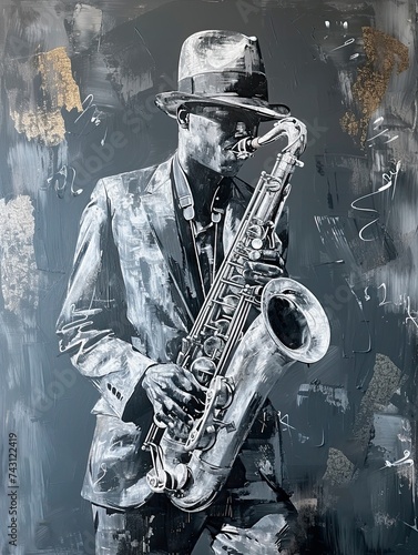 The image presents a textured  artistic painting of a man dressed in a suit and fedora hat  deeply engrossed in playing a saxophone. The artwork is predominantly monochromatic  utilizing shades of bla