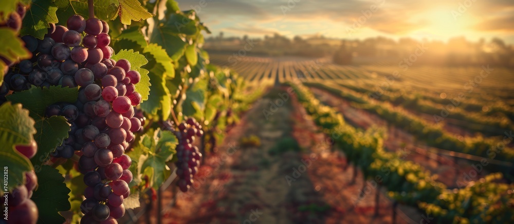 A cluster of ripe grapes hangs from a vine in a vineyard, ready for harvest. - obrazy, fototapety, plakaty 