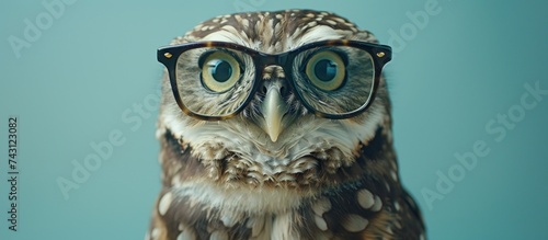 A close up of an owl wearing glasses, showcasing its distinctive features and accessories. © FryArt