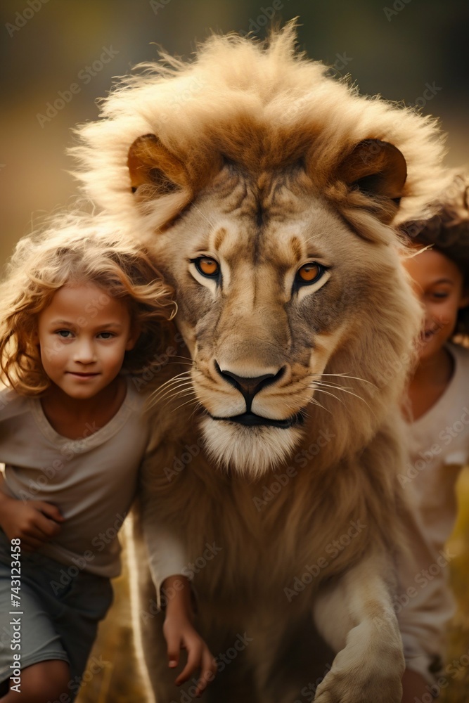 Gentle Moment Between a Child and a Majestic Lion. Generative ai