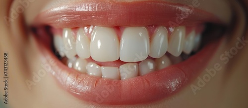 Detailed view of a persons white teeth and pink gums, showcasing dental care and hygiene.