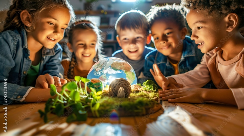 Excited Children Learning About Ecology with a Glowing Globe. Generative ai Excited Children Learning About Ecology with a Glowing Globe. Generative ai