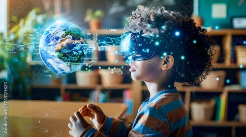 Child Exploring Virtual Globe with Augmented Reality Headset. Generative ai photo
