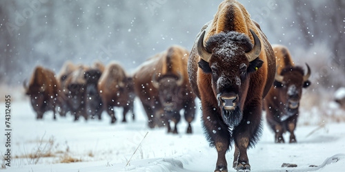 Buffalo herd in winter. American Bison walking photo