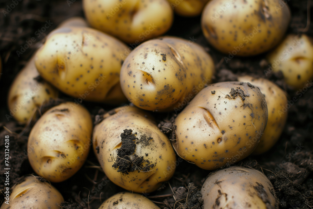 Organic potatoes with soil, freshly dug from the earth, depicting natural farming and the harvest of root vegetables. High quality photo Organic potatoes with soil, freshly dug from the earth, depicting natural farming and the harvest of root vegetables. High quality photo