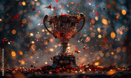 Golden trophy cup with conf...