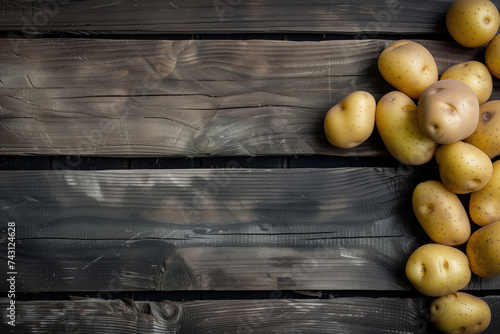 Potatoes on a rustic wooden background, providing copy space, applicable for content about agriculture, nutrition, and food storage. High quality illustration