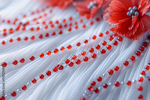 Close-up of white fabric with red beads and flowers