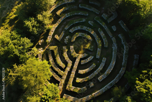 Aerial View of an Intricate Stone Labyrinth