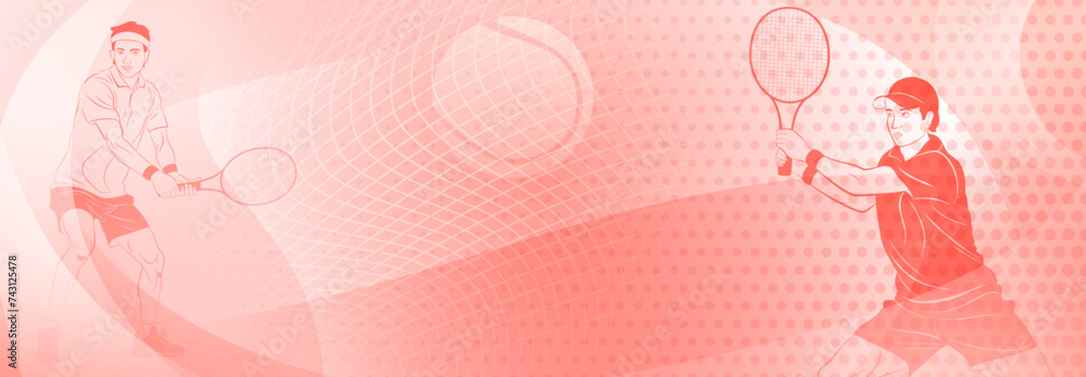 Tennis themed background in red tones with abstract curves lines and dots, with a two male tennis players in action, each holding a racket to hit the ball away Tennis themed background in red tones with abstract curves lines and dots, with a two male tennis players in action, each holding a racket to hit the ball away