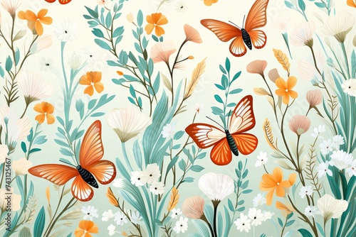 Botanical spring floral illustration with butterflies, plants and leaves and watercolor Vintage floral pattern background