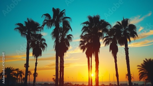 View of silhouette palm trees against blue sky during sunset