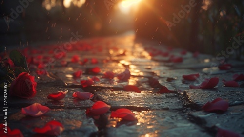 Warm Evening Ambience with a bunch of Rose Petals on a Pathway