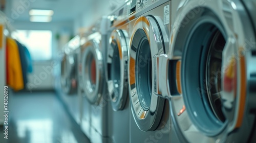 washing machines in a clean utility laundry room or washing service room interior front view shot as mockup design with copy space area