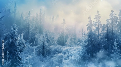 Watercolor foggy forest landscape illustration. Wild nature in wintertime. © Shami