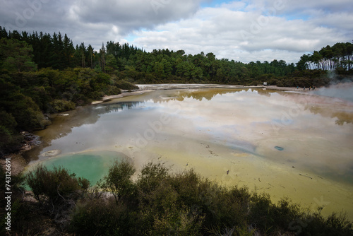 Aerial view of Artist's Palette thermal lake at Waiotapu, New Zealand