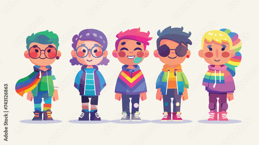 Group of six persons with lgtbi flags characters