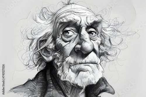 Expressive and Funny Old Man. Caricature, Pencil Drawing photo