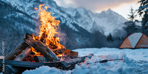 camping fireplace with burning firewood in mountain photo