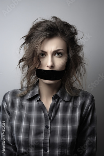 Sad young woman with adhesive tape over her mouth, censorship, violence, voiceless photo