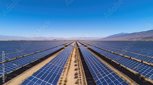 A vast solar panel farm stretches across a desert landscape, harnessing the power of the sun for renewable energy. AIG41 © Summit Art Creations