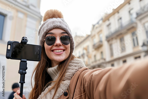 A young social media influencer travel blogger with a camera in an urban city smiling at the camera recording or taking a selfie.