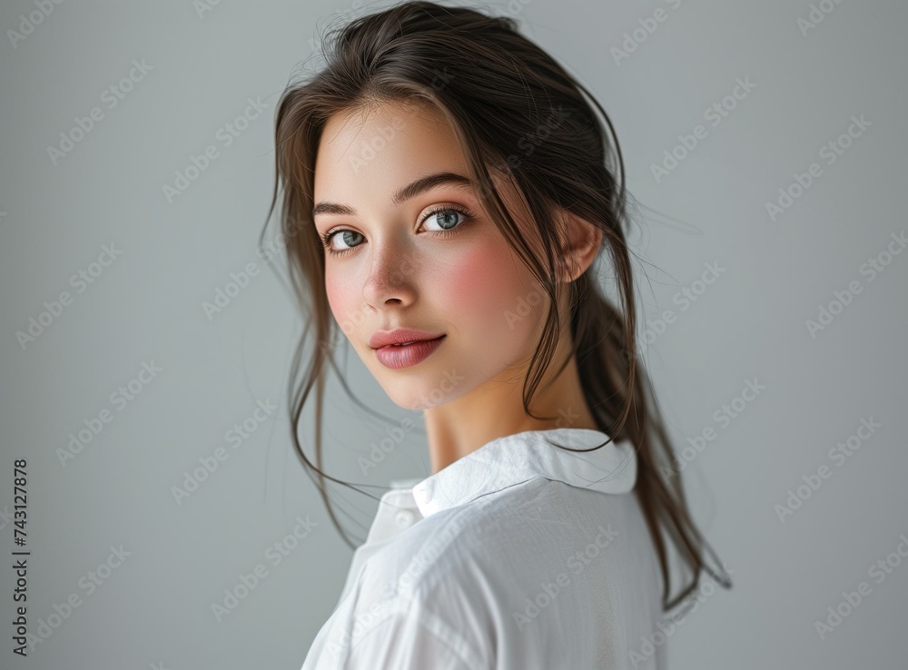 Portrait of a Young Woman with Natural Makeup and Flowing Hair Portrait of a Young Woman with Natural Makeup and Flowing Hair