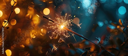 A sparkler is seen sitting in the grass. The sparkler emits a bright light  illuminating the surrounding area while resting on the ground. The green grass contrasts with the dazzling display of the