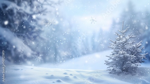 Winter Wonderland with Snowy Christmas Tree in a Serene Snowscape © Qstock