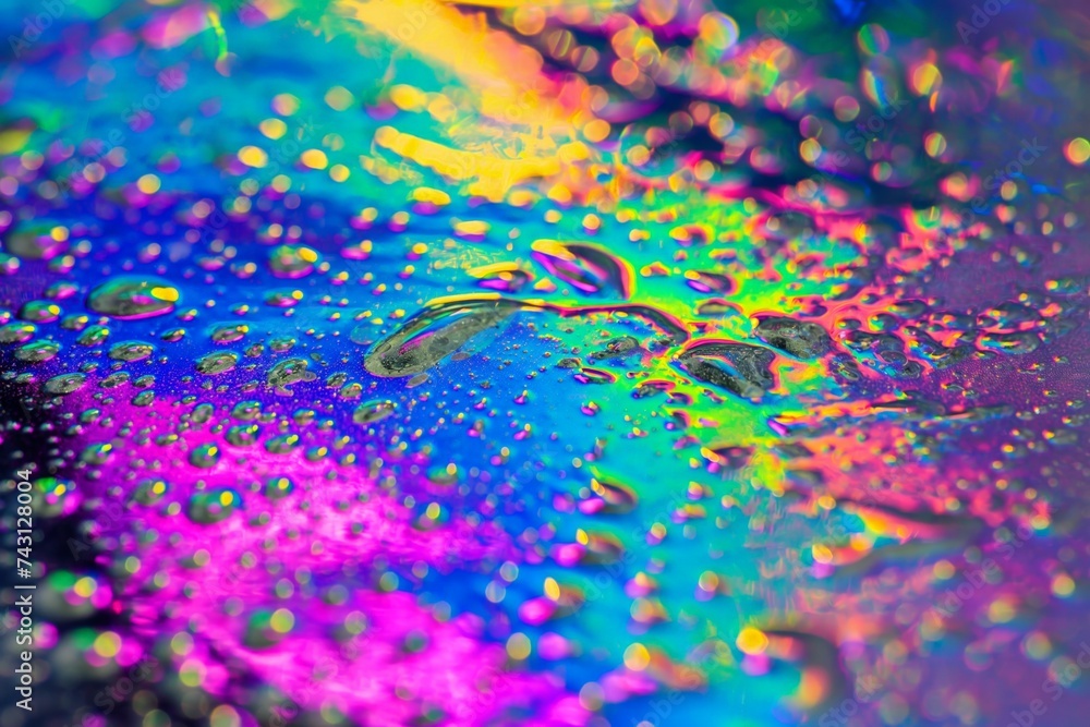 Colorful Water Droplets on Vibrant Holographic Surface for Abstract Backgrounds