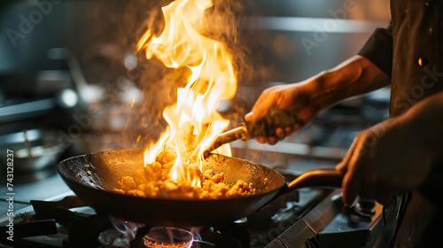 Chef hands keep wok with fire. Closeup chef hand photo