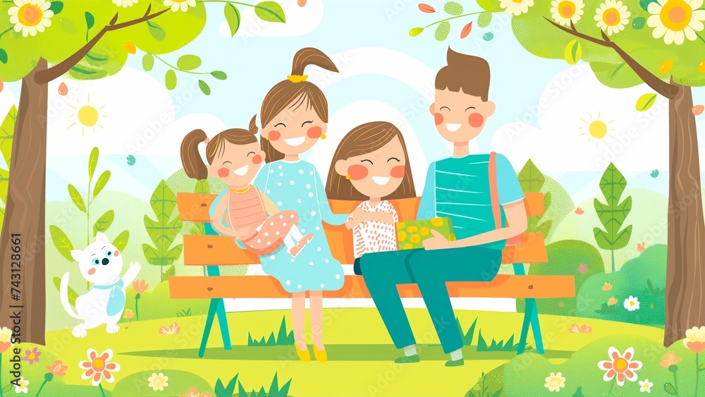 Fototapeta premium Happy family enjoying nature in the park in summer for creating precious memories together.