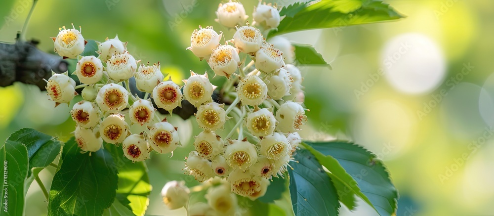 Fototapeta premium A cluster of flowers is blooming abundantly on a Hawthorn tree, showcasing vibrant colors against the green foliage. The flowers are bunched together in a profusion of blooms, creating a stunning