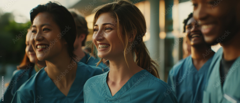Group of cheerful medical professionals enjoying a sunny day together outdoors. Group of cheerful medical professionals enjoying a sunny day together outdoors.
