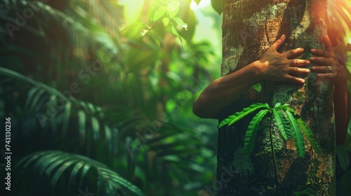Nature lover hugging trunk tree with green musk in tropical woods forest. Green natural background. Concept of people love nature and protect photo