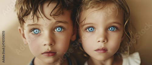Close-up of two children with striking blue eyes looking pensive and soulful.