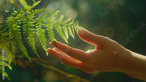 A woman's hand and a fern leaf. Man and nature photo