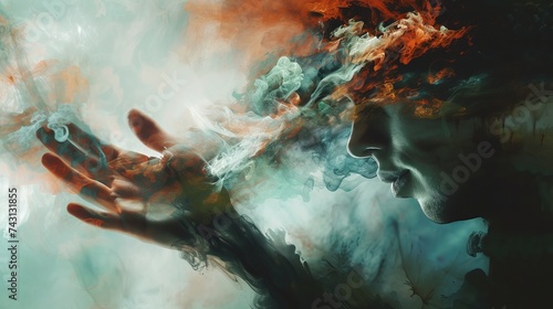 Abstract Portrait of a Man with Colorful Smoke Effects Representing Mindfulness and Creativity
