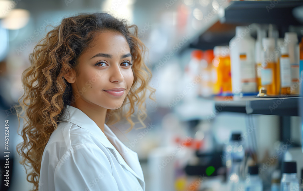 Smiling female pharmacist in front of pharmacy shelves